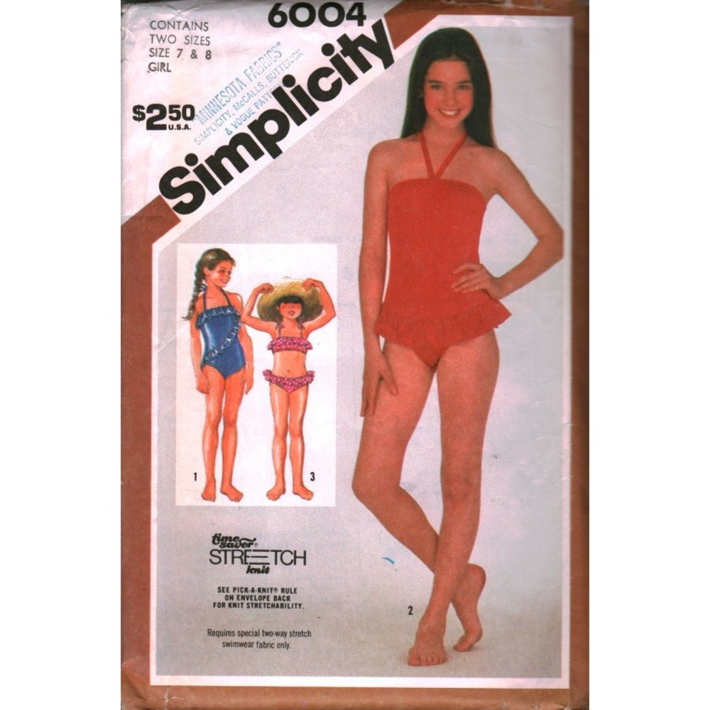 Vintage Simplicity 6004 Girls Swimsuit Bikini Sewing Pattern Size 7 8 1983